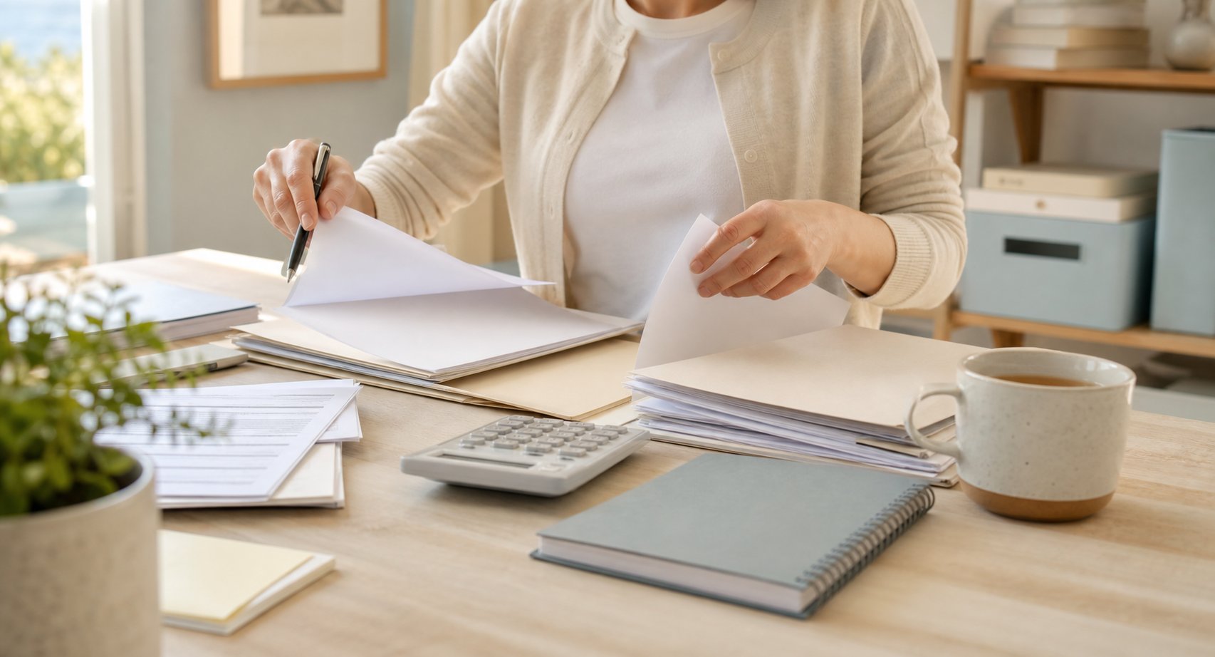 Person organizing documents and a calculator at a desk